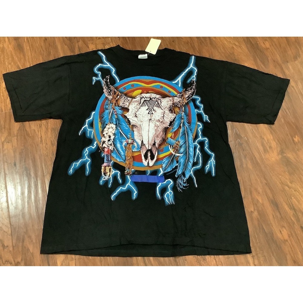 Vintage 90's American Thunder Cow Skull Biker AOP Tee Size 2XLarge New